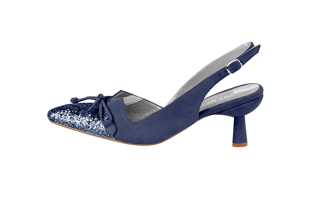 Prussian blue women's open back shoes, with a knot. Tapered toe. Medium spool heels. Profile view - Florence KOOIJMAN